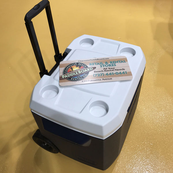50 Quart Wheel Cooler with extendable handle.  Holds 84 cans and ice up to 5 days.