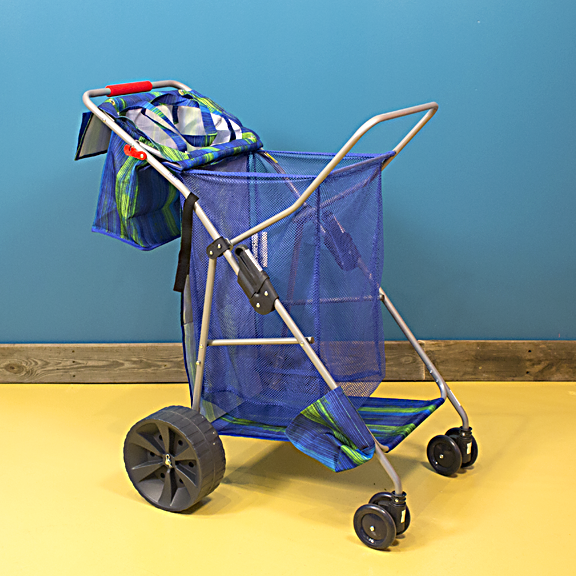 Cart has a weight capacity of 100 lbs. and can hold a 48 quart cooler and 4 beach chairs. 